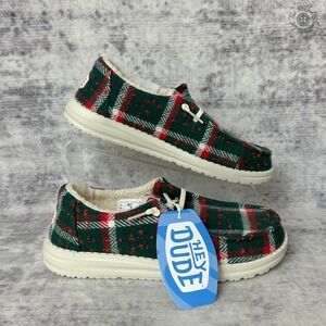 NIB No Lid Hey Dude Wendy Confetti Plaid Cozy Christmas Slip-On Red Green Size 7